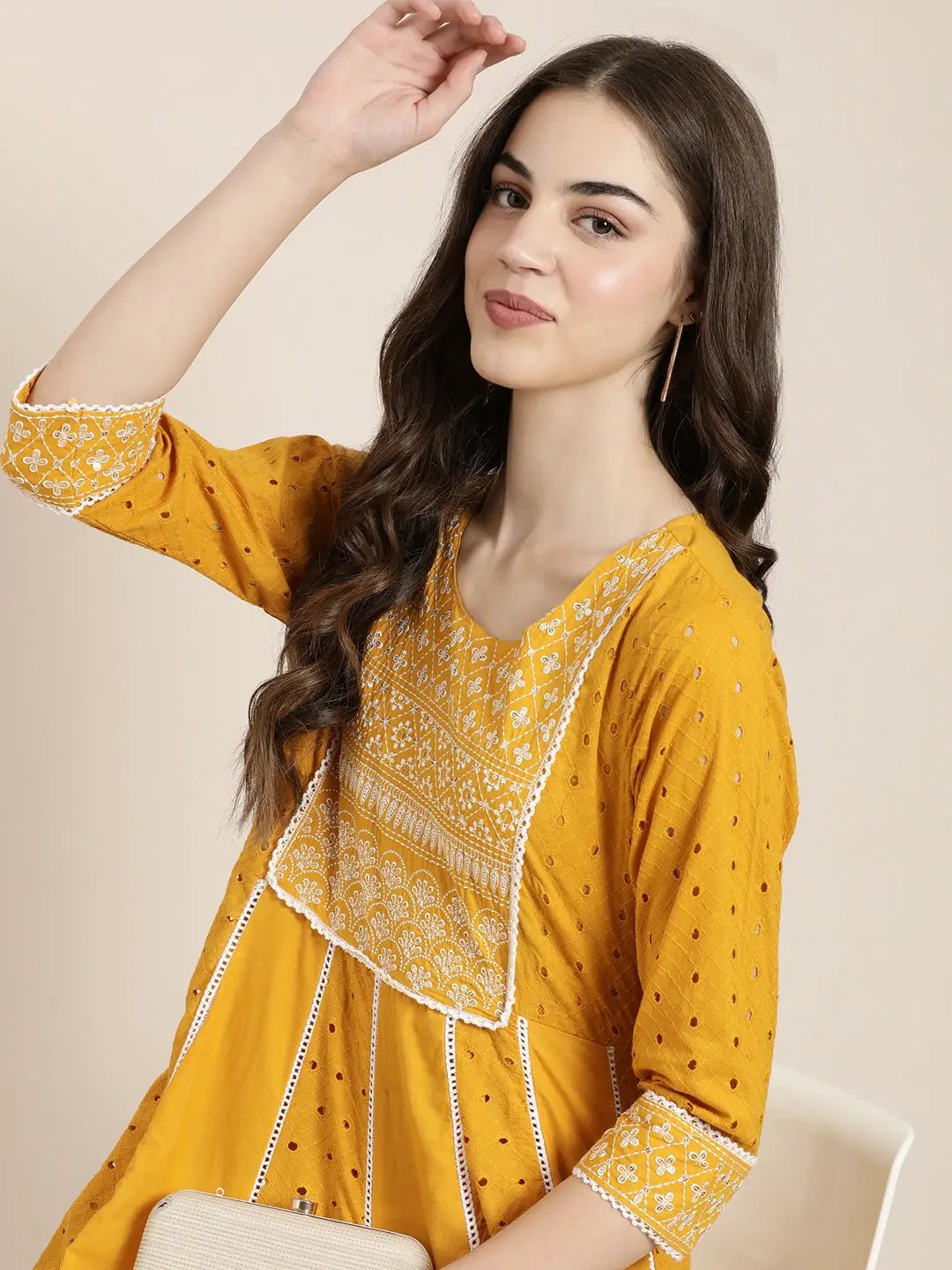 Women's Mustard Self Design Thread Work Kurta Set