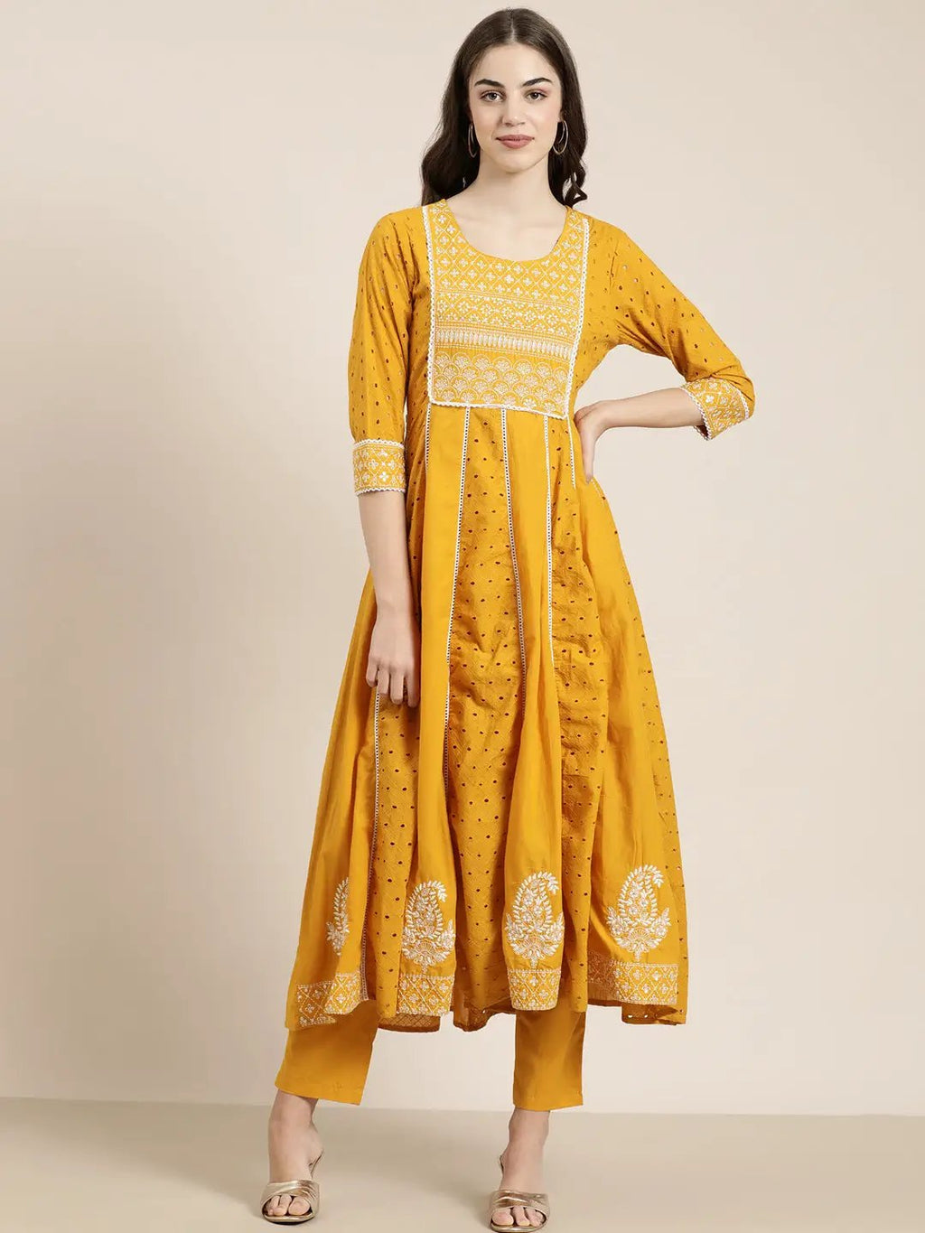 Women's Mustard Self Design Thread Work Kurta Set