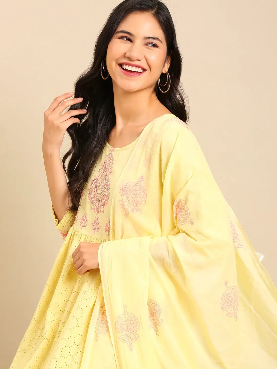 Women's Yellow Embroidered Beads and Stones Kurta Set with Dupatta