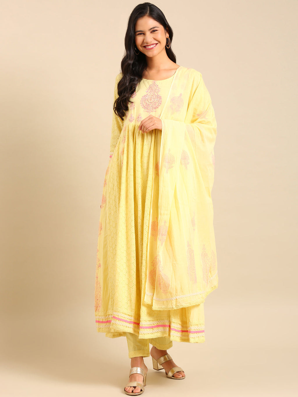Women's Yellow Embroidered Beads and Stones Kurta Set with Dupatta