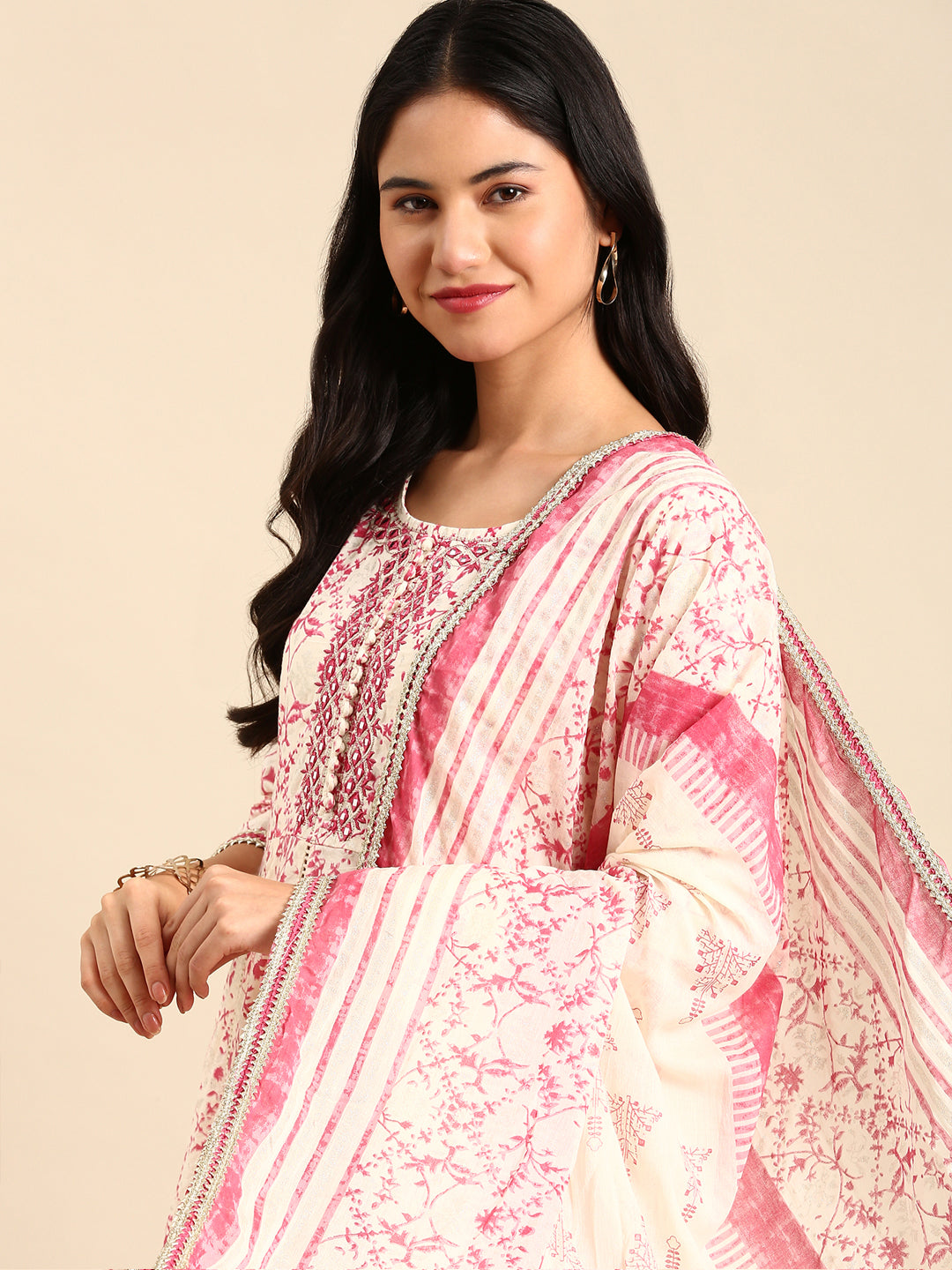 Women's Cream Floral Panelled Mirror Work Kurta Set with Dupatta