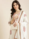 Women's Off White Floral Printed Regular Sequinned Kurta Set With Dupatta