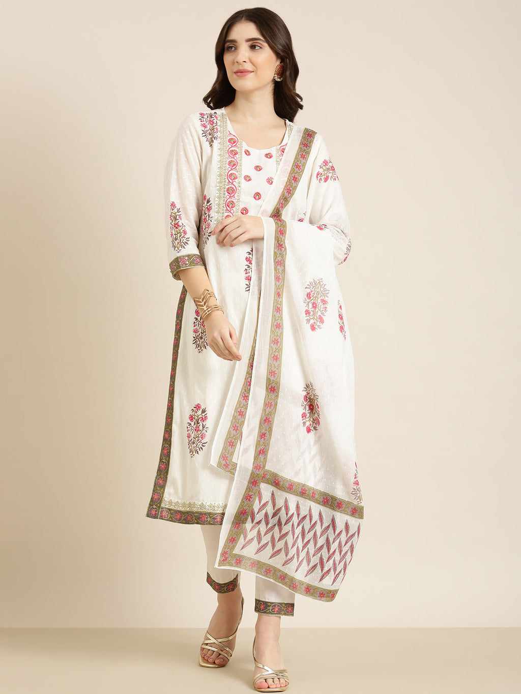 Women's Off White Floral Printed Regular Sequinned Kurta Set With Dupatta