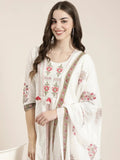 Women's Off White Floral Printed High Slit Thread Work Kurta Set With Dupatta