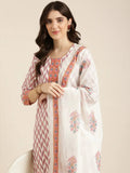 Women's Off White Floral Printed Sequinned Kurta Set with Dupatta