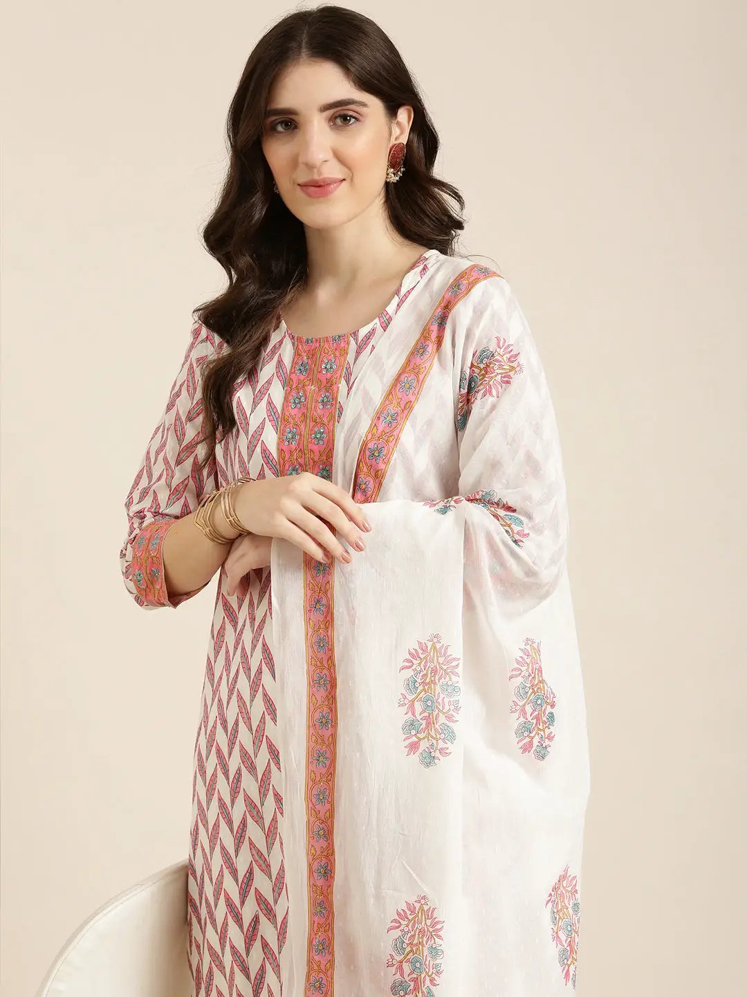 Women's Off White Floral Printed Sequinned Kurta Set with Dupatta