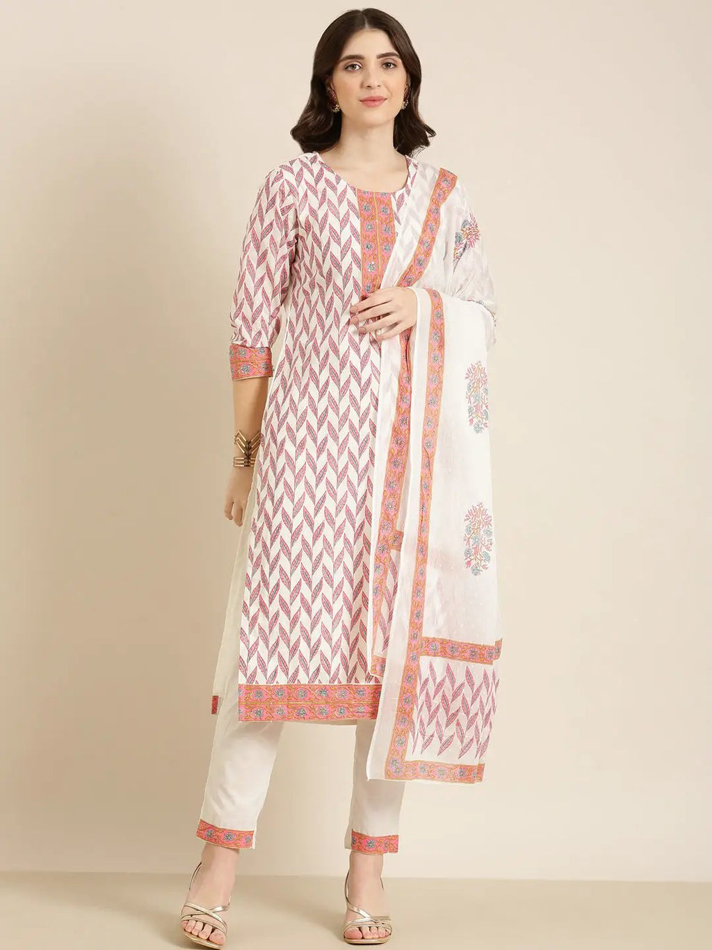 Women's Off White Floral Printed Sequinned Kurta Set with Dupatta