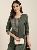 Women's Olive Ethnic Motifs Yoke Design Regular Thread Work Kurta Set With Dupatta