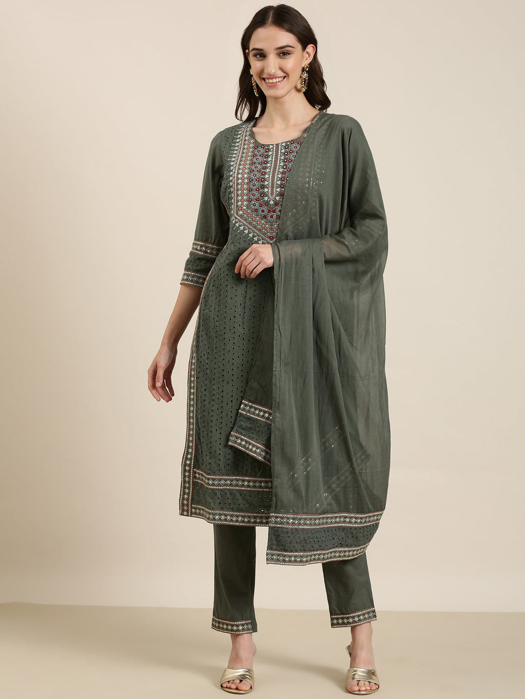 Women's Olive Ethnic Motifs Yoke Design Regular Thread Work Kurta Set With Dupatta