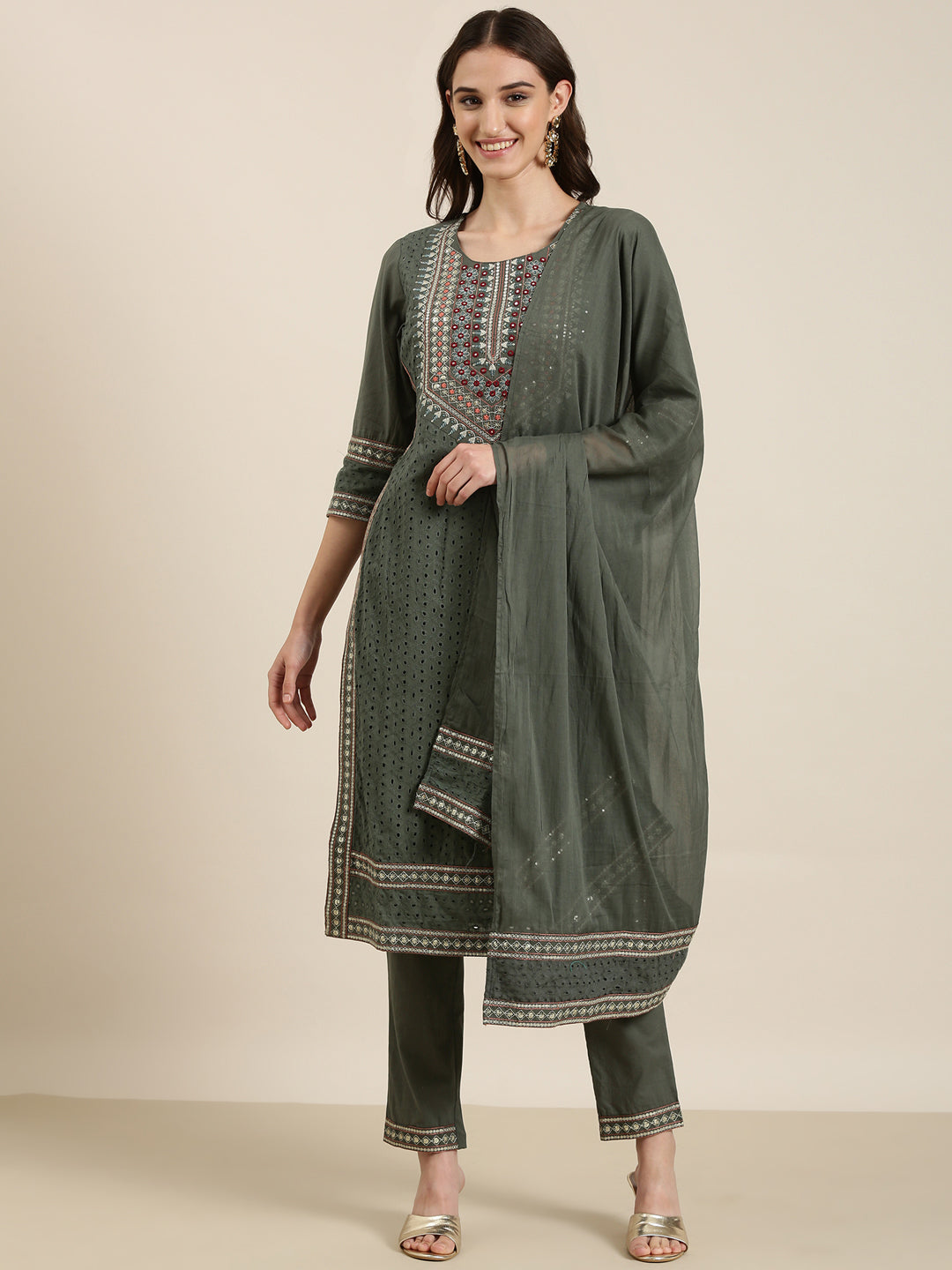 Women's Olive Ethnic Motifs Yoke Design Regular Thread Work Kurta Set With Dupatta