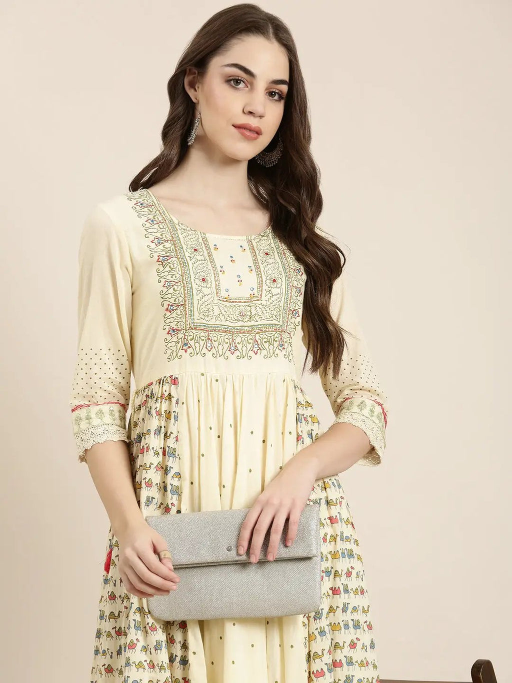 Women's Cream Ethnic Motifs Printed Anarkali Kurta
