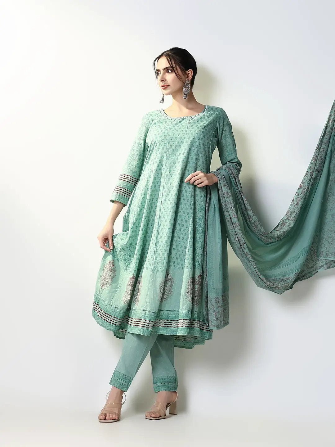 Women's Floral Printed Green Anarkali Kurta Set with Dupatta