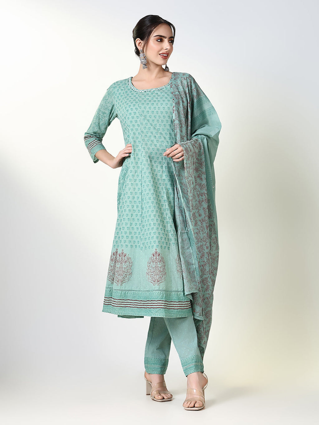 Women's Floral Printed Green Anarkali Kurta Set with Dupatta