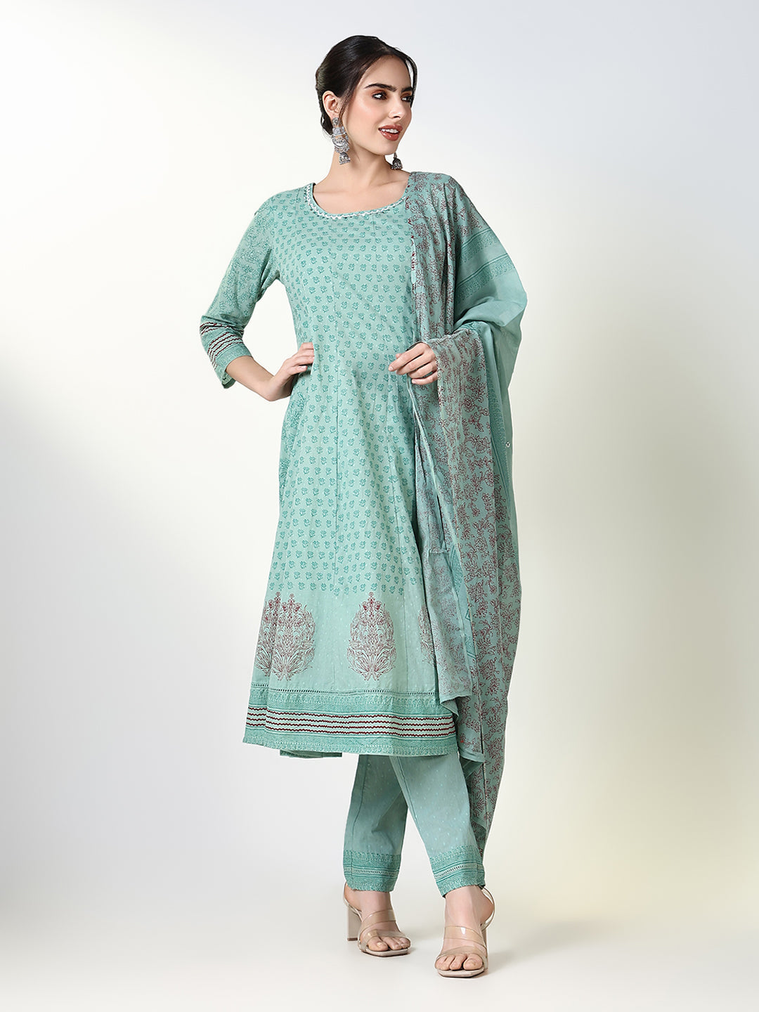 Women's Floral Printed Green Anarkali Kurta Set with Dupatta
