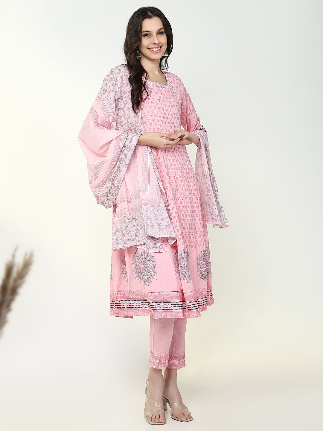 Women's Pink Floral Anarkali Kurta Set with Dupatta