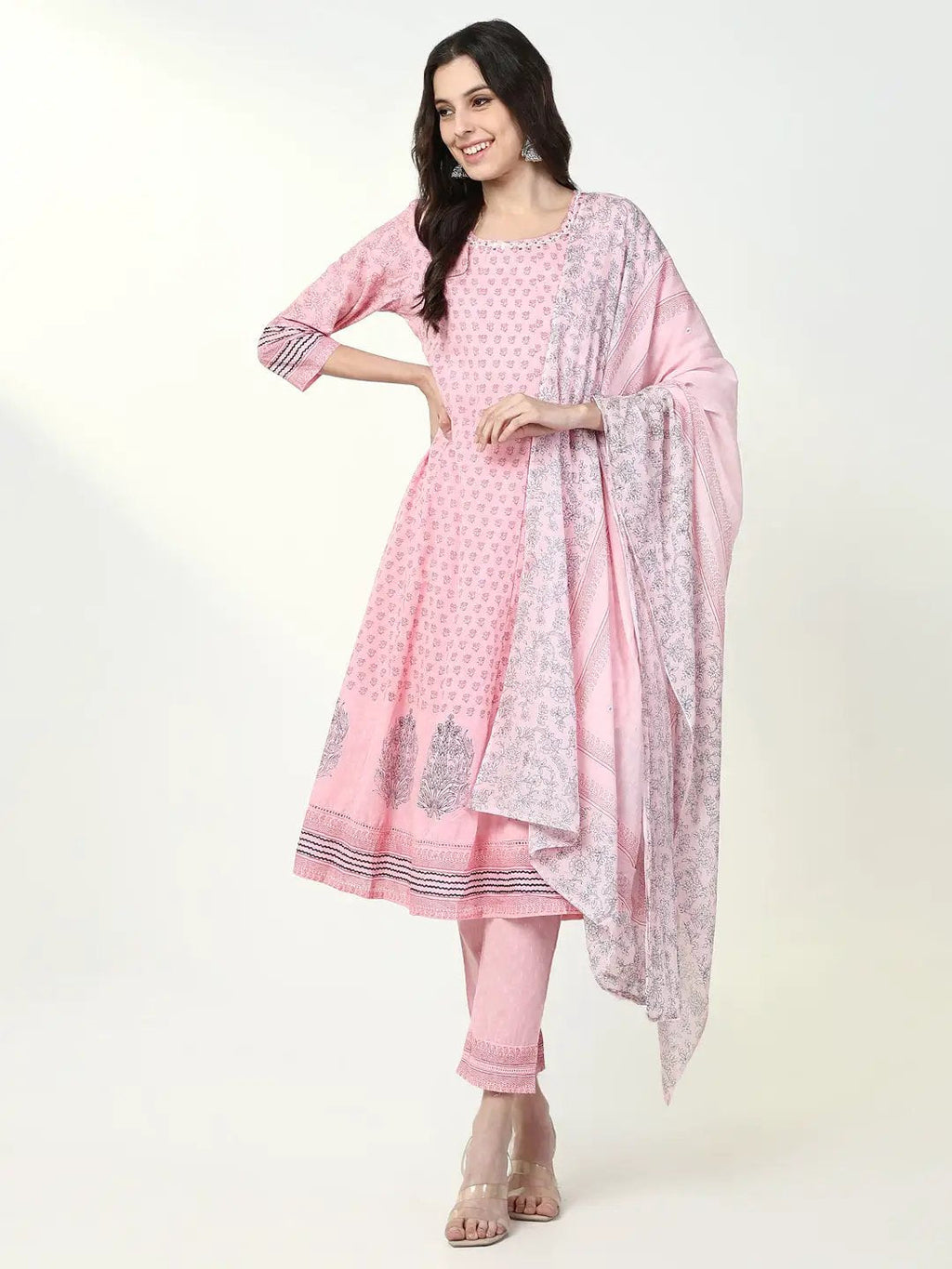 Women's Pink Floral Anarkali Kurta Set with Dupatta