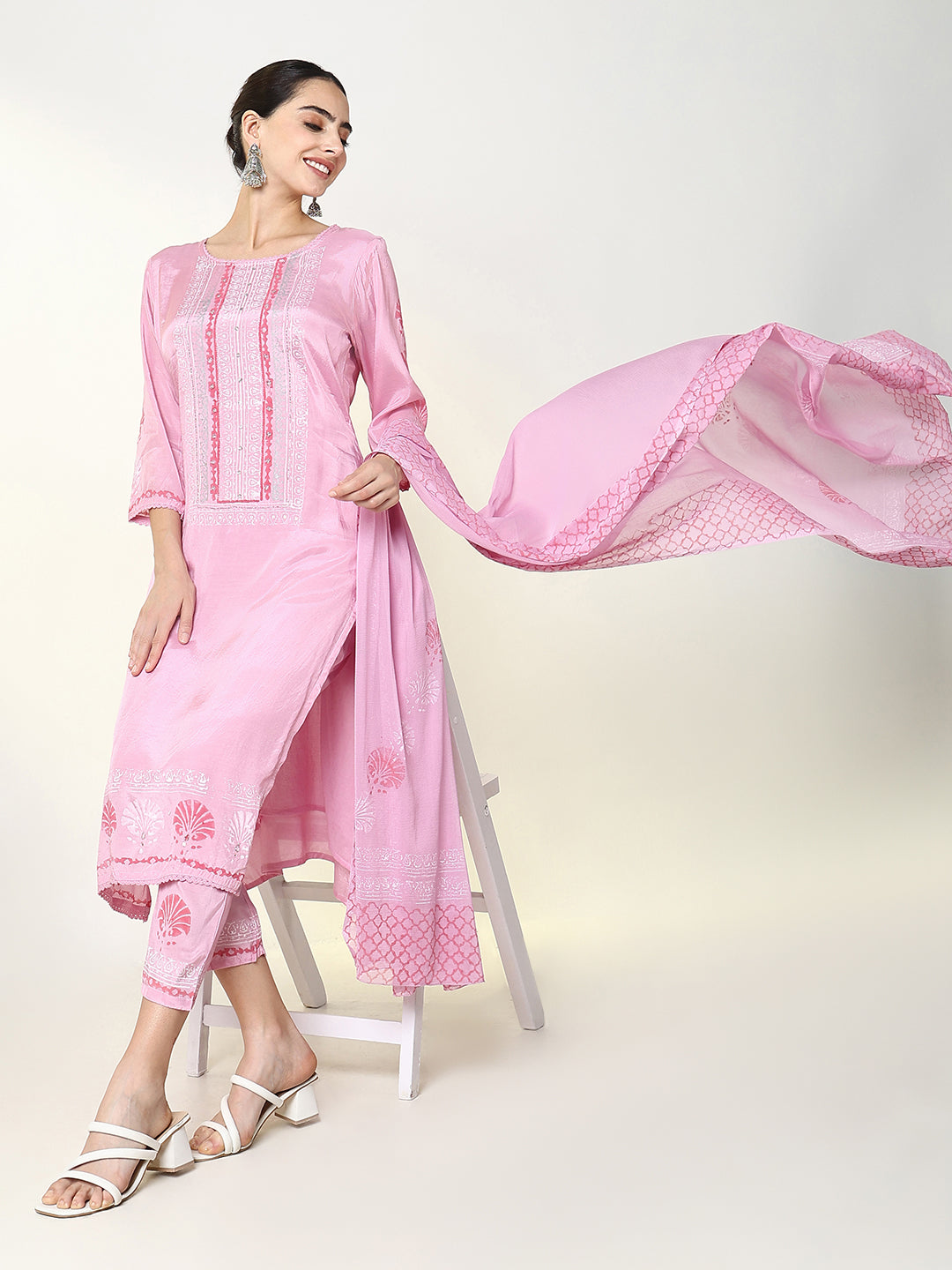 Women's Pink Floral Straight Kurta Set with Dupatta