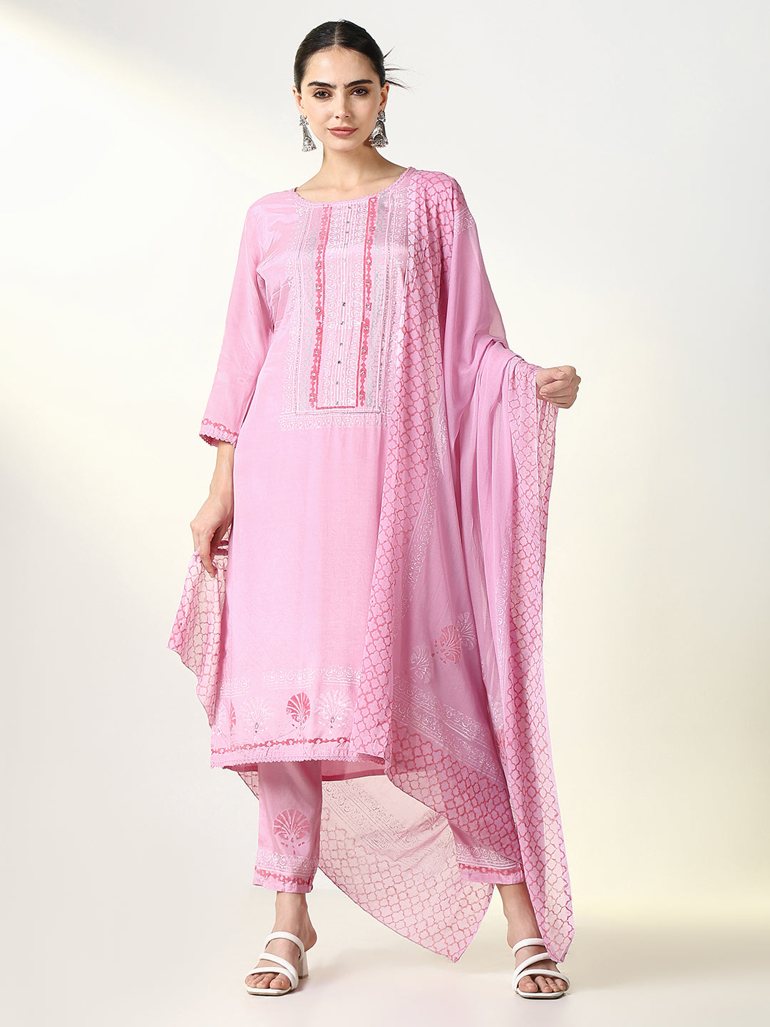 Women's Pink Floral Straight Kurta Set with Dupatta