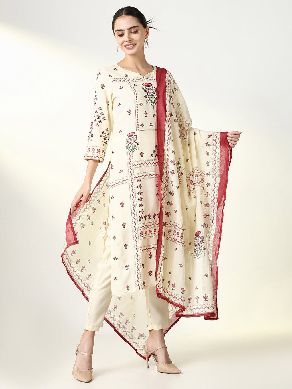 Women's Floral Cream Straight Kurta Set with Dupatta