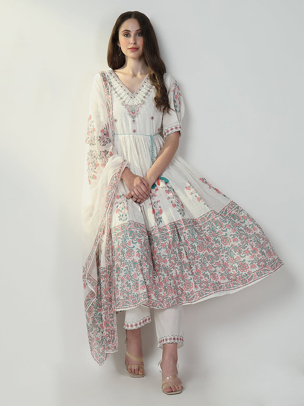 Women's Floral White Anarkali Kurta Set with Dupatta