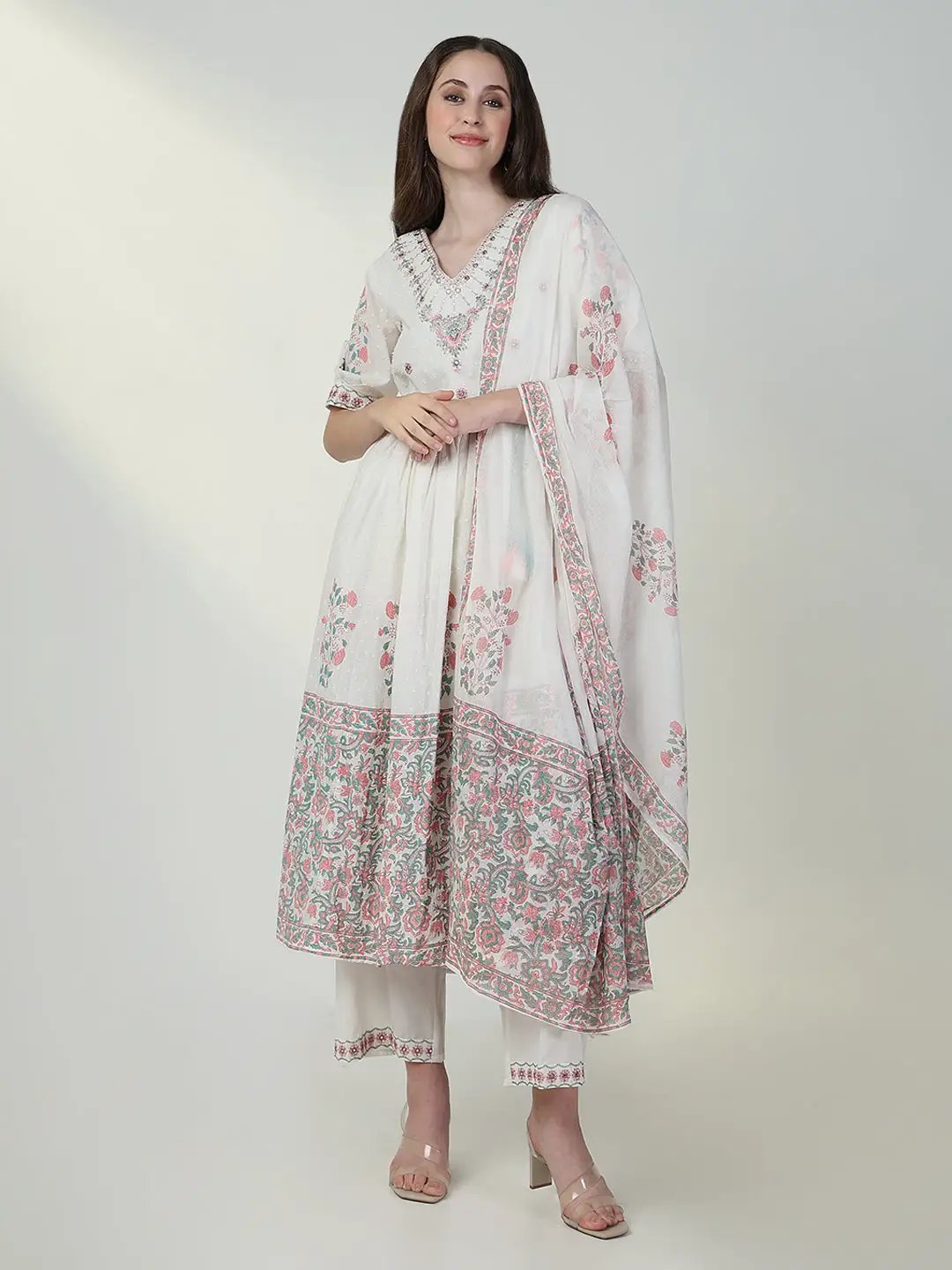Women's Floral White Anarkali Kurta Set with Dupatta