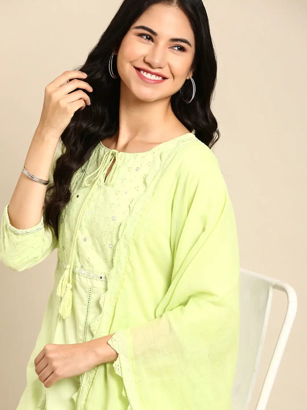 Women's Solid Green Anarkali Kurta Set with Dupatta