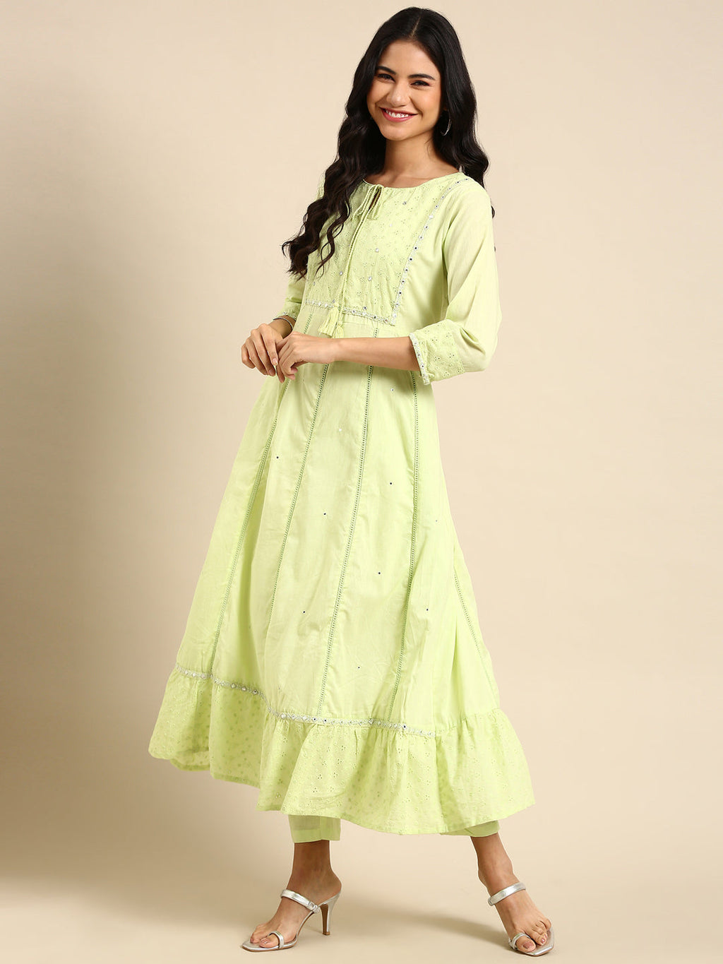 Women's Solid Green Anarkali Kurta Set with Dupatta