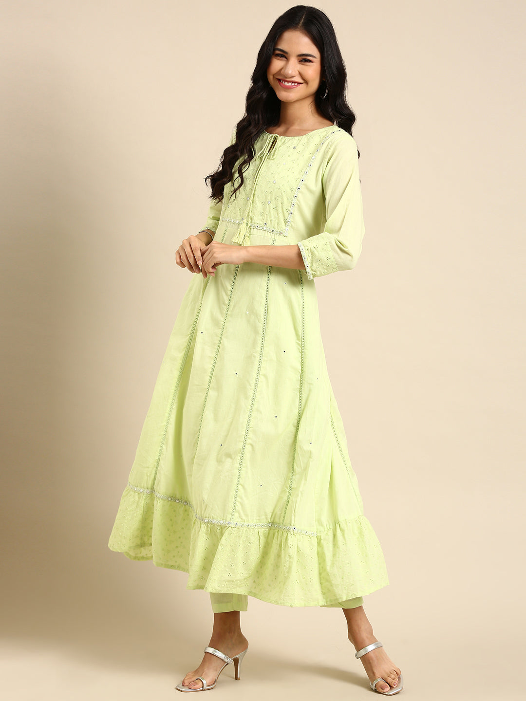 Women's Solid Green Anarkali Kurta Set with Dupatta