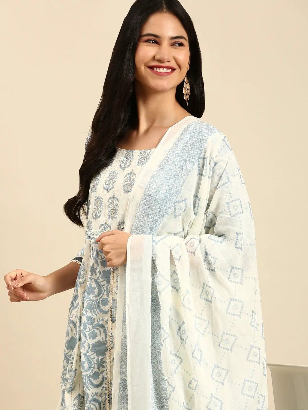 Women's Ethnic Floral Cream Anarkali Kurta Set with Dupatta