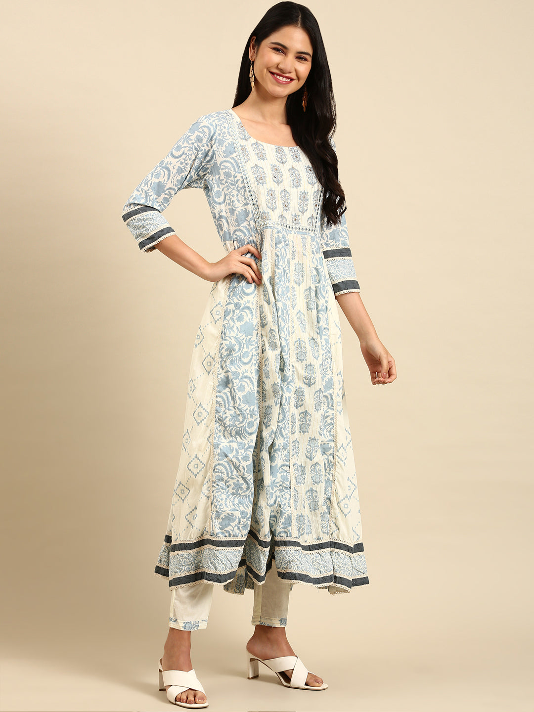 Women's Ethnic Floral Cream Anarkali Kurta Set with Dupatta