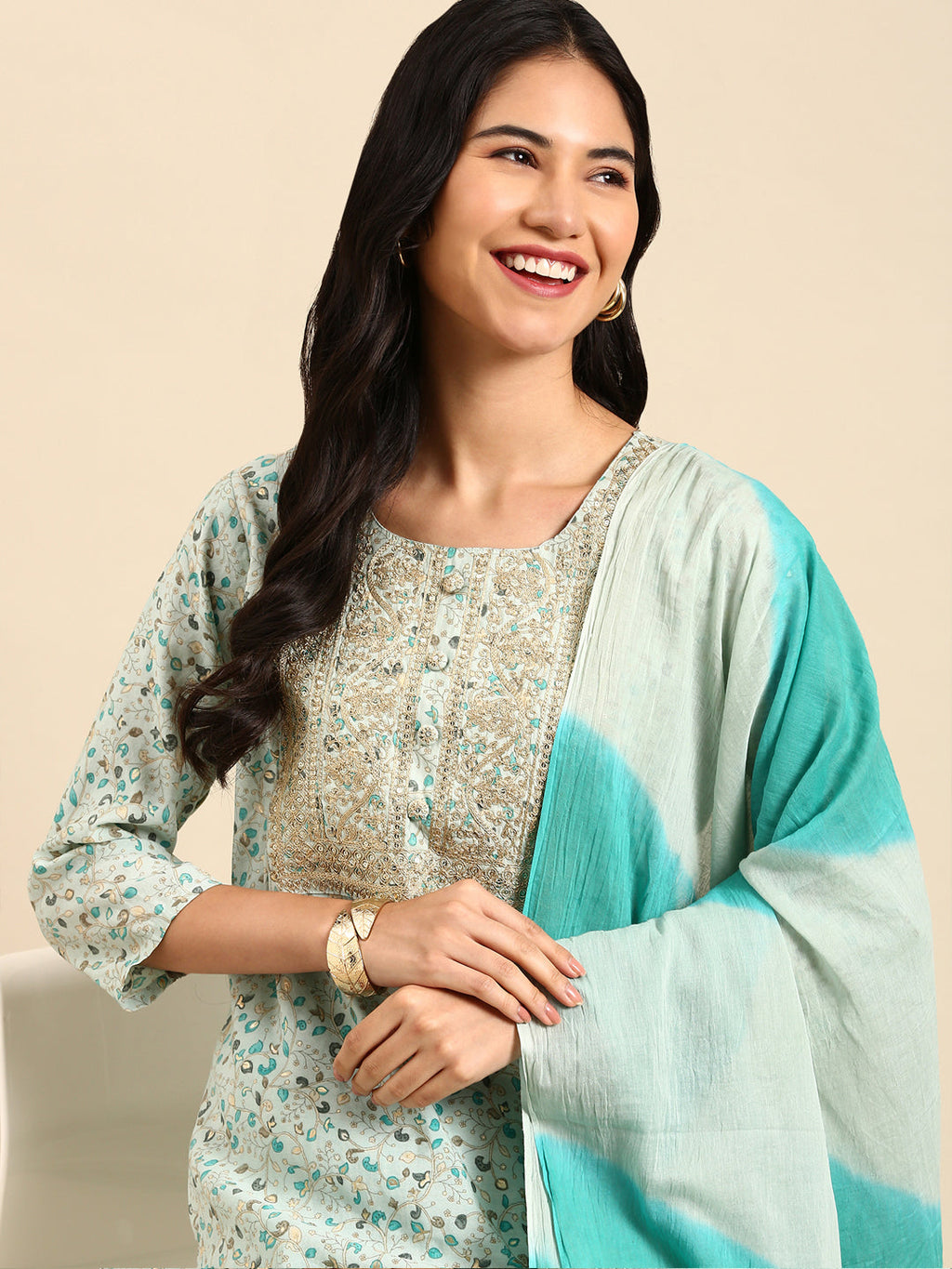 Women's Graphic Ethnic Blue Straight Kurta Set with Dupatta