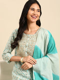 Women's Graphic Ethnic Blue Straight Kurta Set with Dupatta