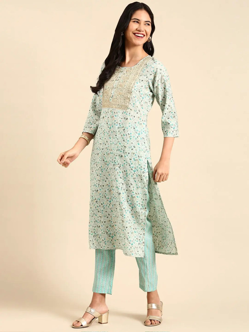 Women's Graphic Ethnic Blue Straight Kurta Set with Dupatta