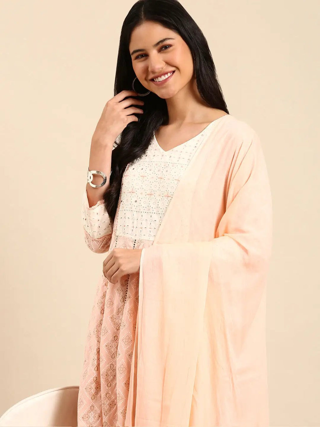 Women's Bandhani Peach Anarkali Kurta Sets with Dupatta