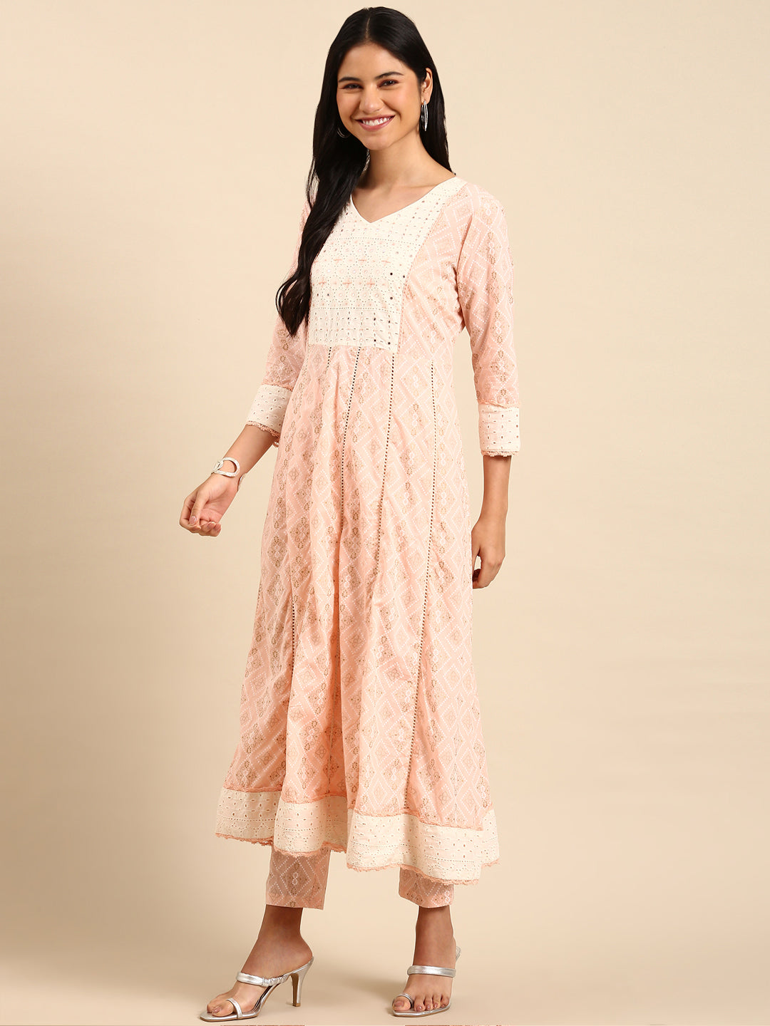 Women's Bandhani Peach Anarkali Kurta Sets with Dupatta