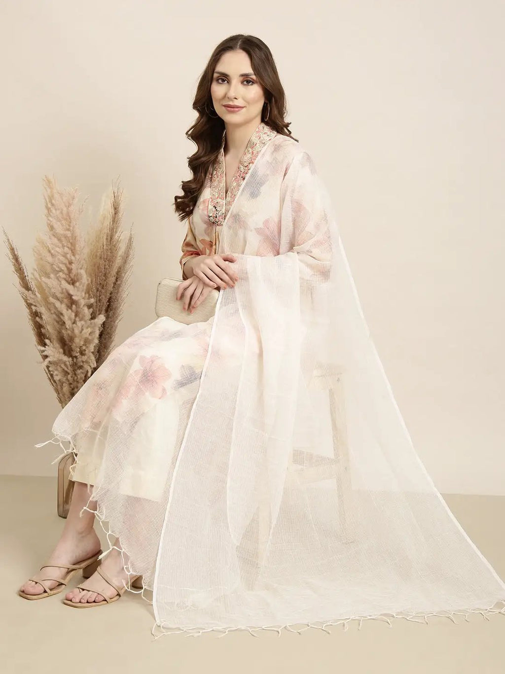 Women's Straight Off White Floral Kurta Sets with Trousers & Dupatta