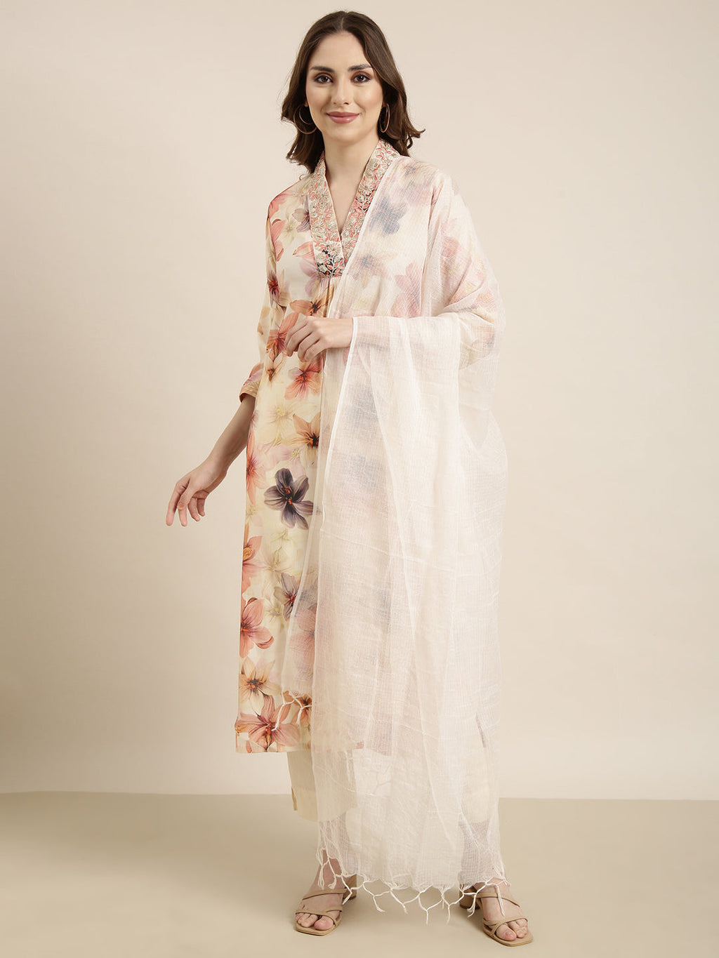 Women's Straight Off White Floral Kurta Sets with Trousers & Dupatta