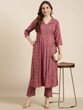 Women's A-Line Pink Ethnic Motifs Kurta Sets With Trousers