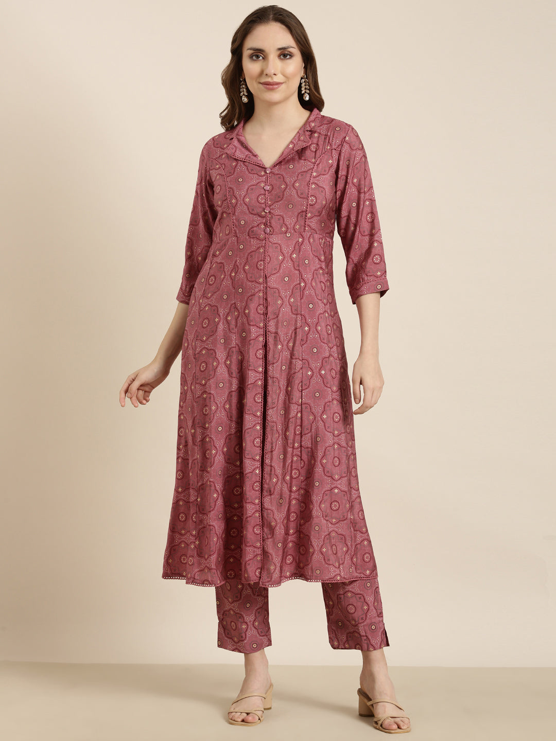 Women's A-Line Pink Ethnic Motifs Kurta Sets With Trousers