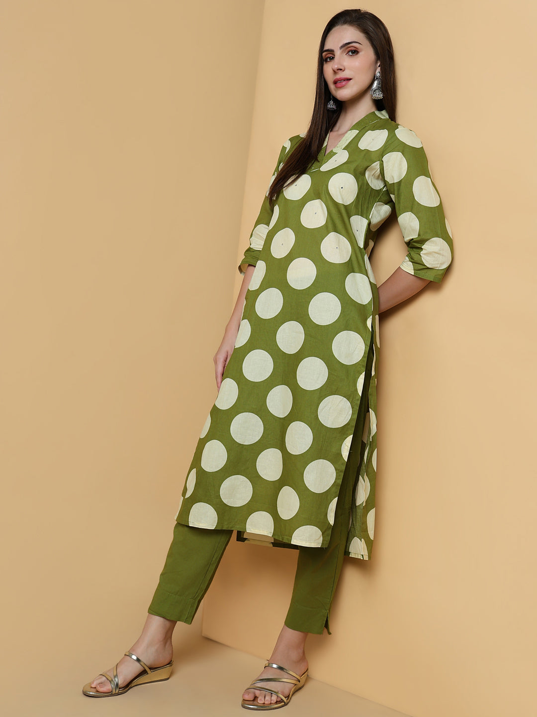 Women's Geometric Green Straight Kurta Set