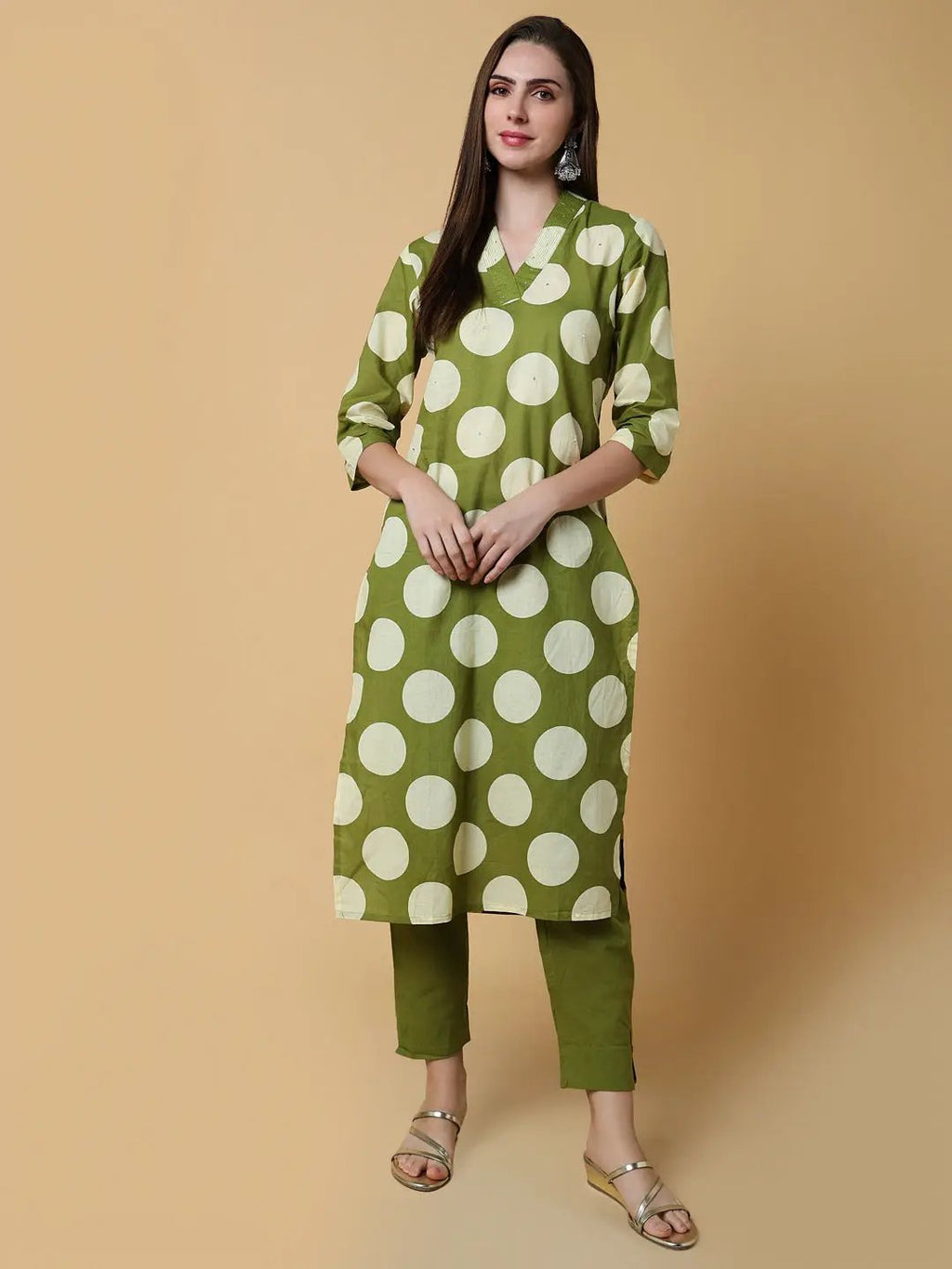 Women's Geometric Green Straight Kurta Set