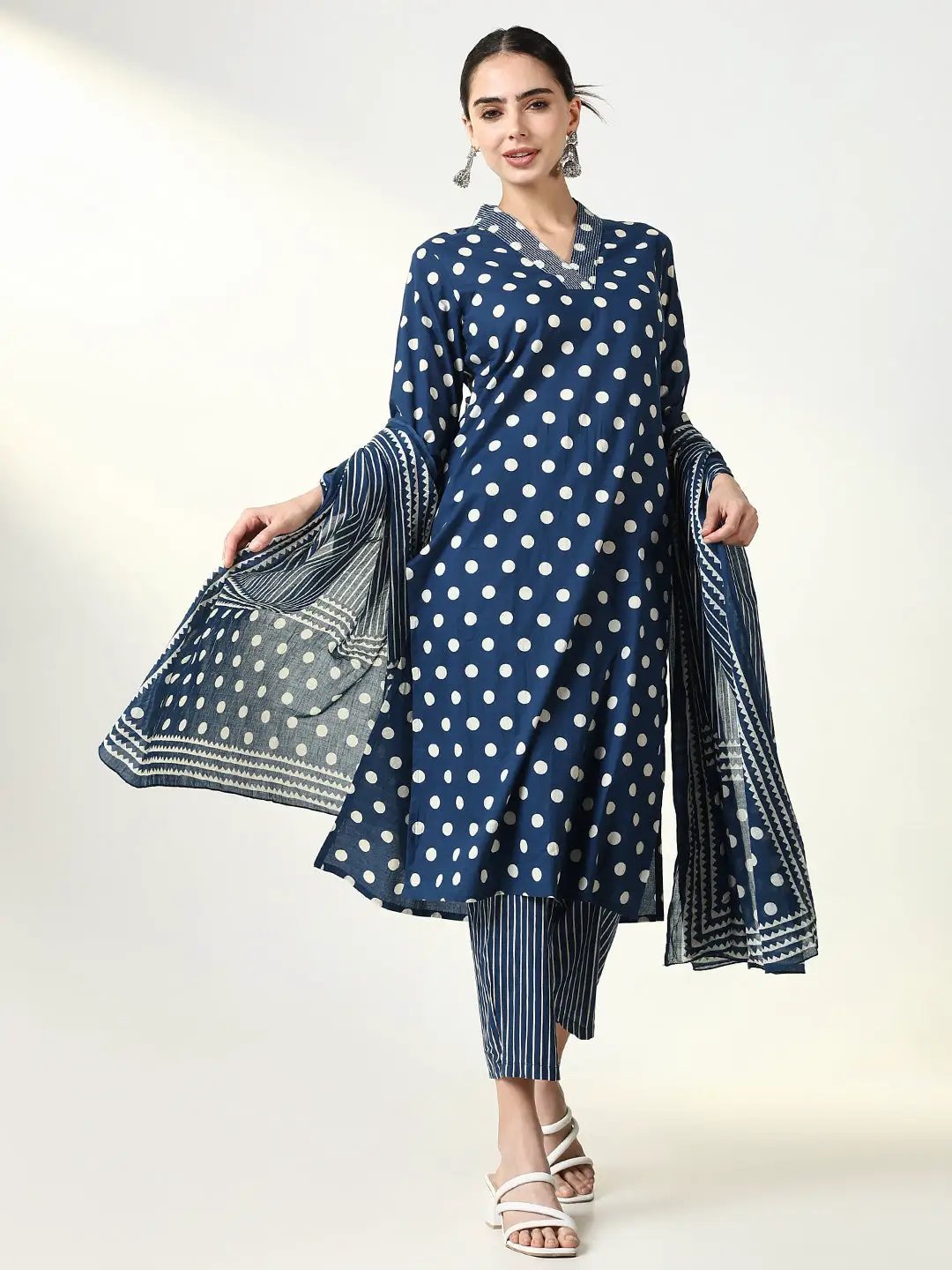 Women's Ethnic Printed Blue Straight Kurta Set with Dupatta
