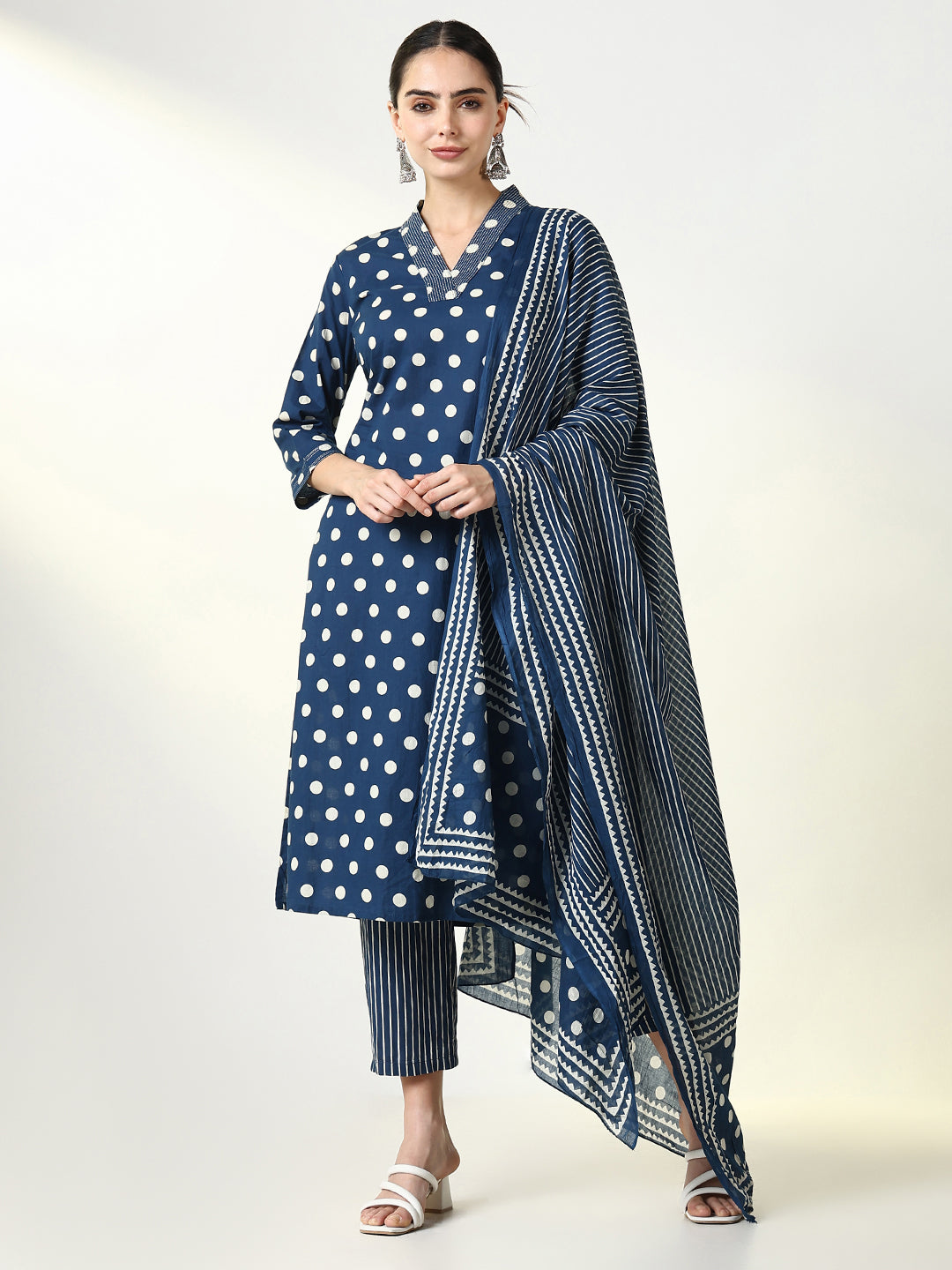 Women's Ethnic Printed Blue Straight Kurta Set with Dupatta