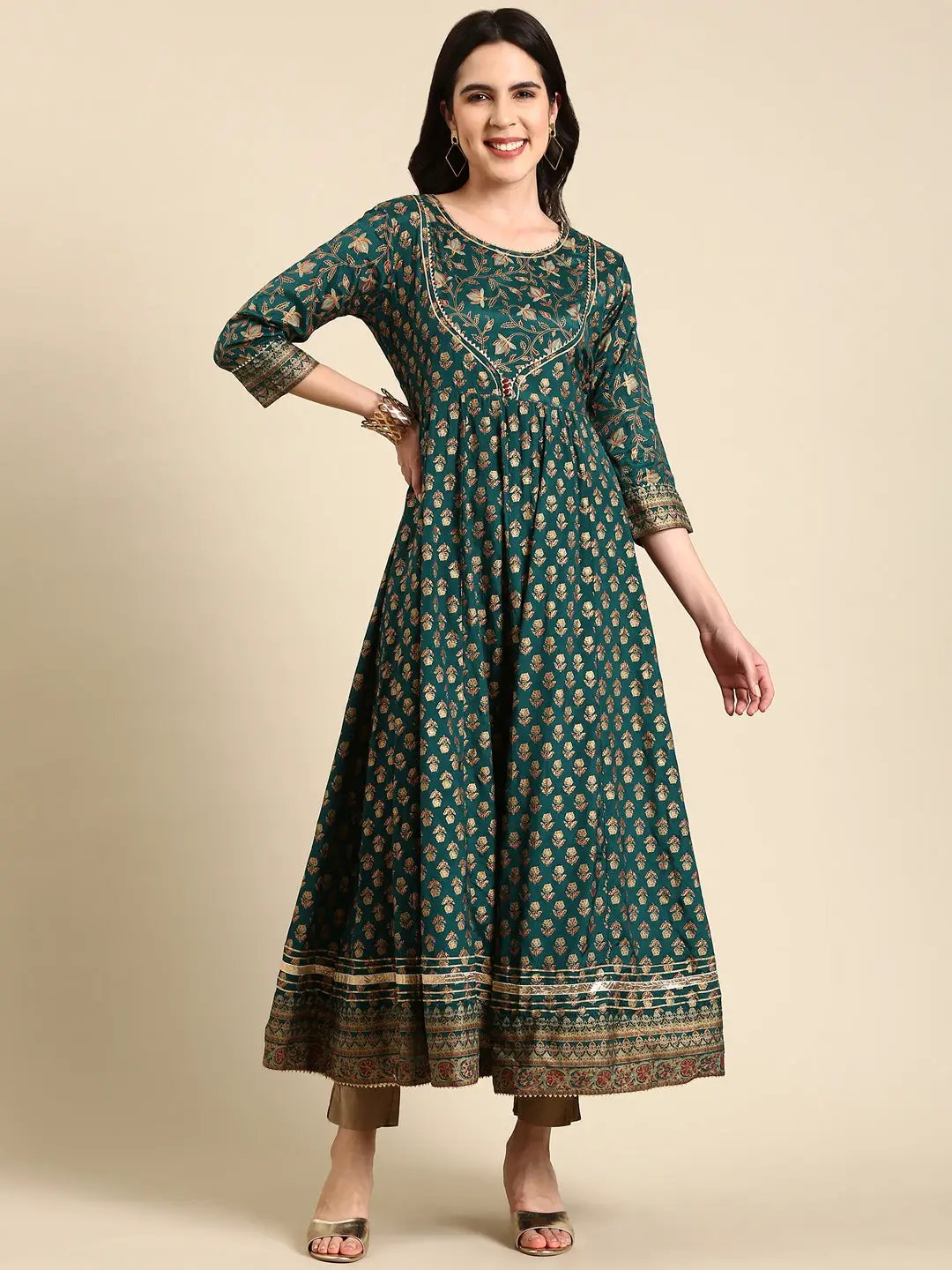 Women's Green Round Neck Anarkali Kurta with Dupatta