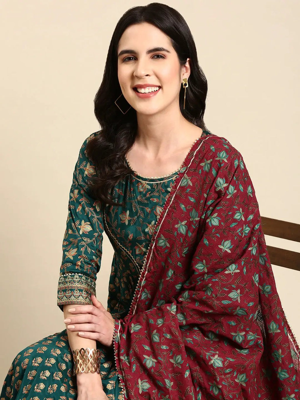 Women's Green Round Neck Anarkali Kurta with Dupatta