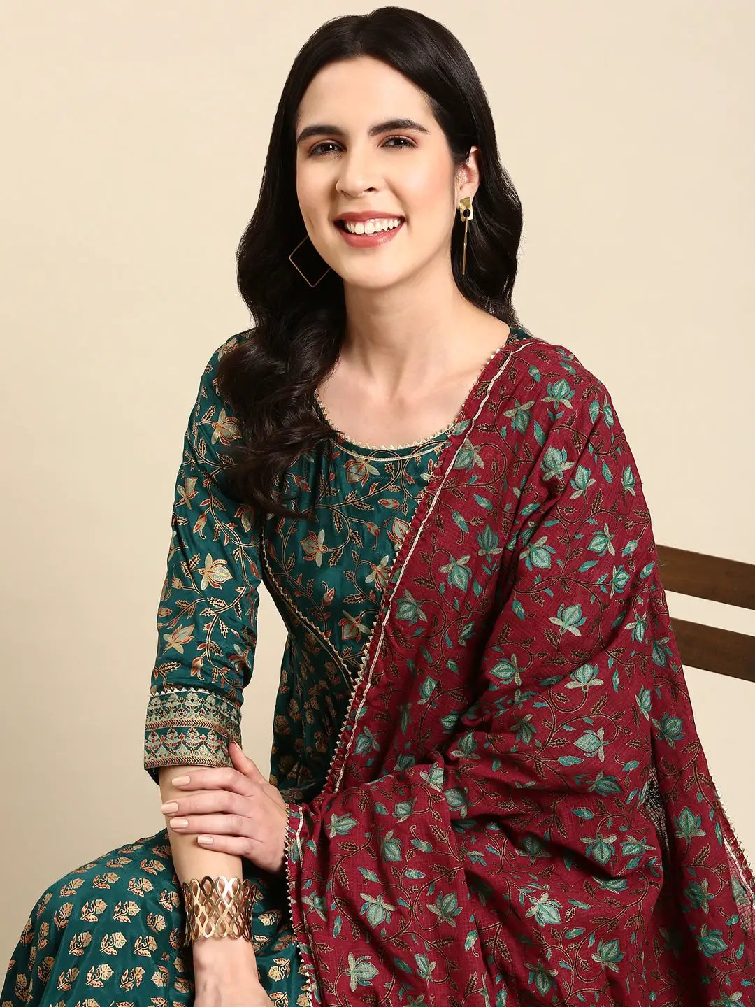Women's Green Round Neck Anarkali Kurta with Dupatta