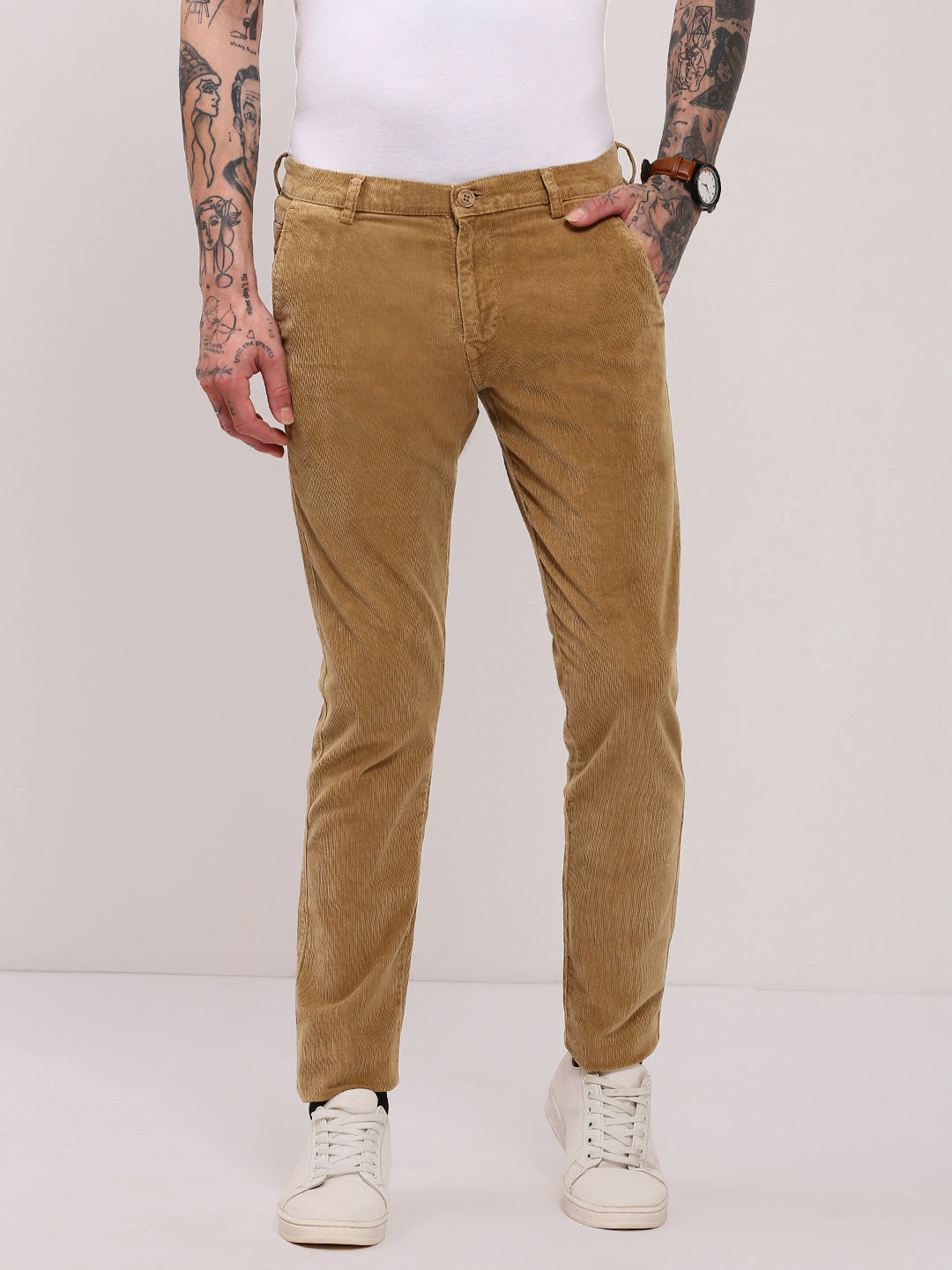 Men's Beige Solid Slim Fit Trousers