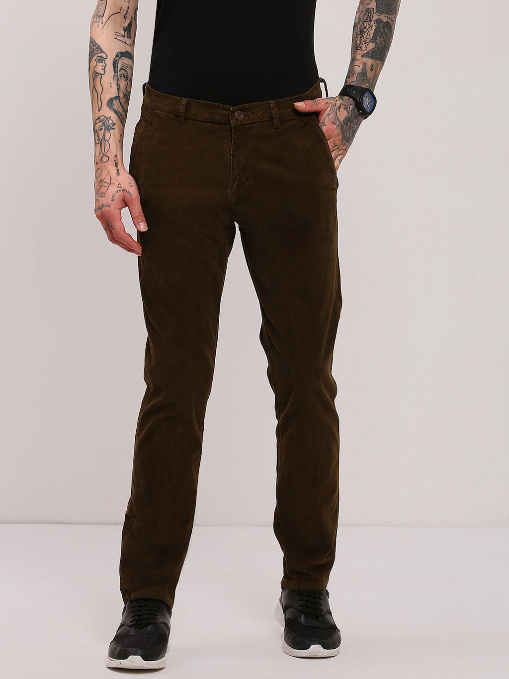 Men's Brown Solid Trousers