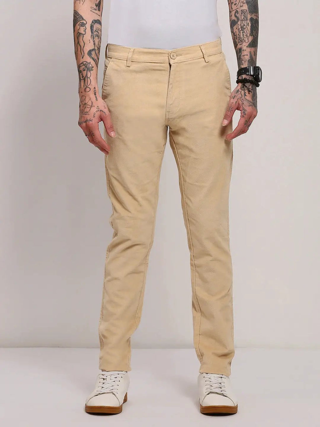 Men's Beige Solid Regular Trousers