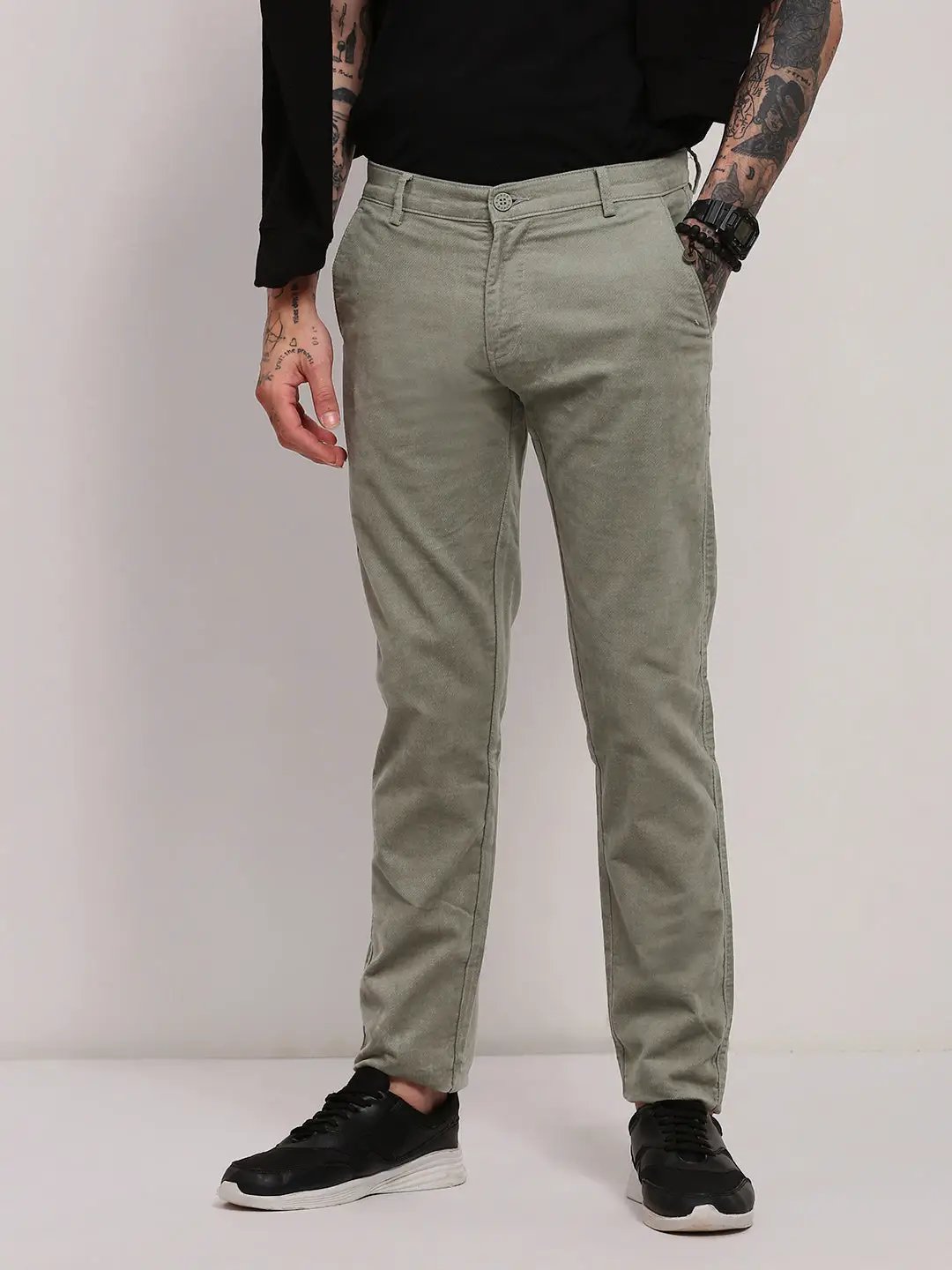 Men's Green Solid Cotton Trousers